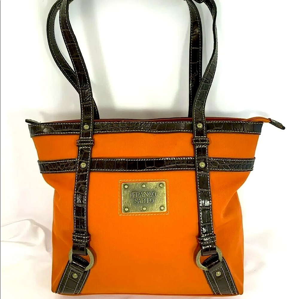EUC Franco Sarto Medium Faux Gator brown strapped Handbag in bright Orange!!